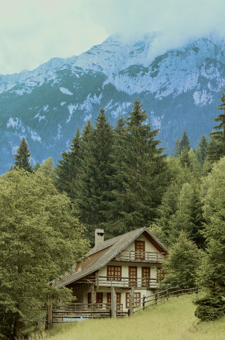 Chalet in montagna tra prato e abeti